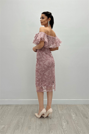 İşleme Dantel Kumaş Kayık Yaka Kalem Elbise - PUDRA - 5