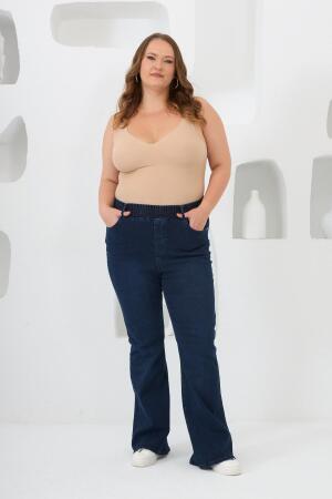 İspanyol Paça Beli Lastikli Büyük Beden Kot Pantolon Mavi - 6