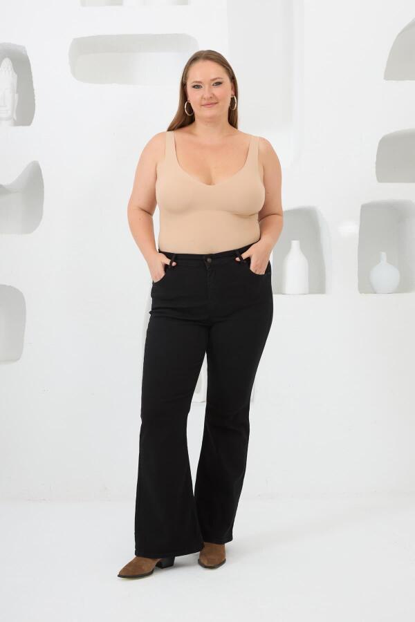 İspanyol Paça Büyük Beden Siyah Kot Pantolon - 5