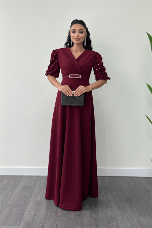 İthal Krep Kumaş Balon Kol İnci Detaylı Maxi Elbise - BORDO - Angelino Moda