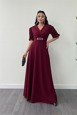 İthal Krep Kumaş Balon Kol İnci Detaylı Maxi Elbise - BORDO - Angelino Moda (1)
