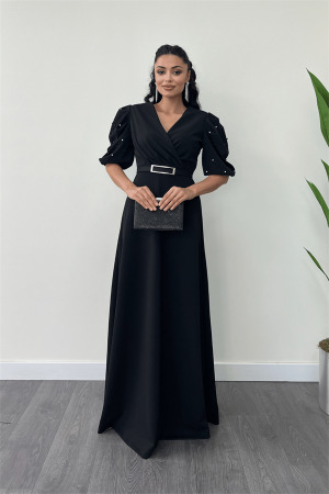 İthal Krep Kumaş Balon Kol İnci Detaylı Maxi Elbise - SİYAH - Angelino Moda