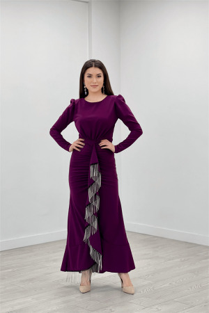 İthal Krep Kumaş Taş Püskül Detaylı Abiye Elbise - PATLICAN MOR - Angelino Moda