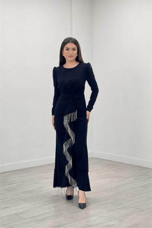 İthal Krep Kumaş Taş Püskül Detaylı Abiye Elbise - SİYAH - Angelino Moda