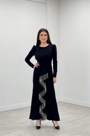 İthal Krep Kumaş Taş Püskül Detaylı Abiye Elbise - SİYAH - Angelino Moda (1)