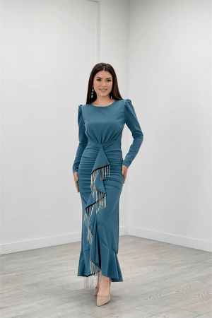 İthal Krep Kumaş Taş Püskül Detaylı Abiye Elbise - SU YEŞİLİ - Angelino Moda