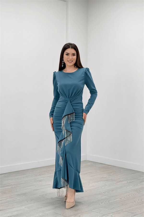 İthal Krep Kumaş Taş Püskül Detaylı Abiye Elbise - SU YEŞİLİ - 1