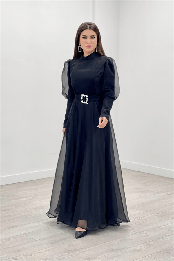 İthal Organze Krep Kumaş Abiye Elbise - SİYAH - 1