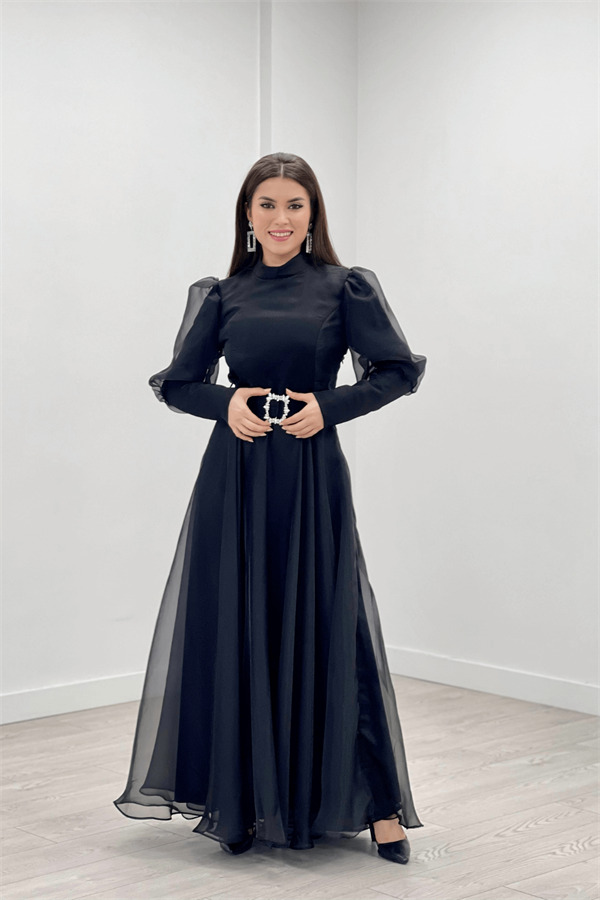 İthal Organze Krep Kumaş Abiye Elbise - SİYAH - 2