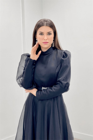 İthal Organze Krep Kumaş Abiye Elbise - SİYAH - 3