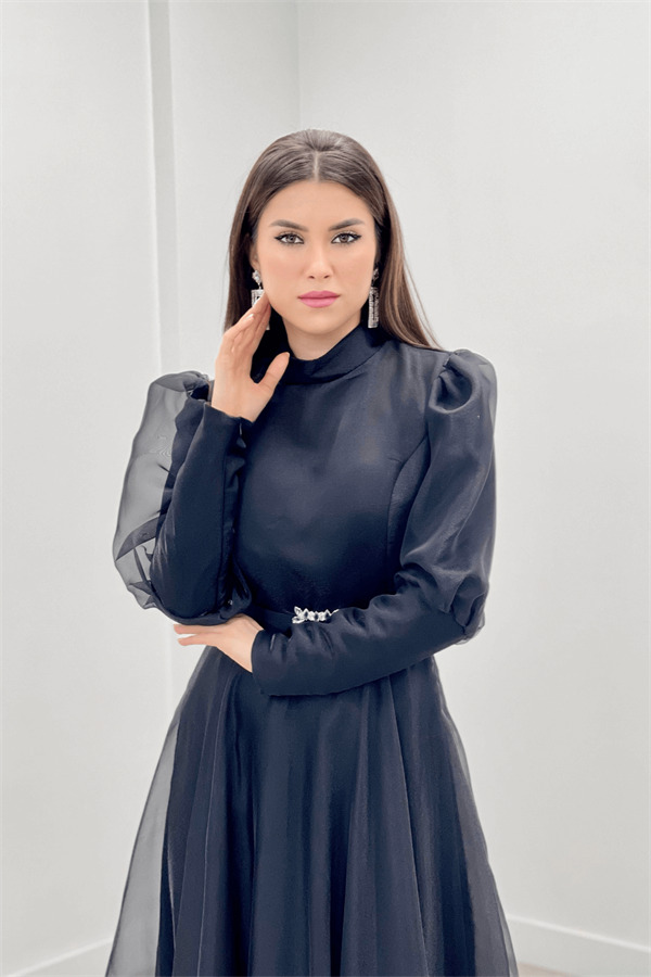 İthal Organze Krep Kumaş Abiye Elbise - SİYAH - 3