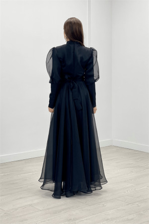 İthal Organze Krep Kumaş Abiye Elbise - SİYAH - 5