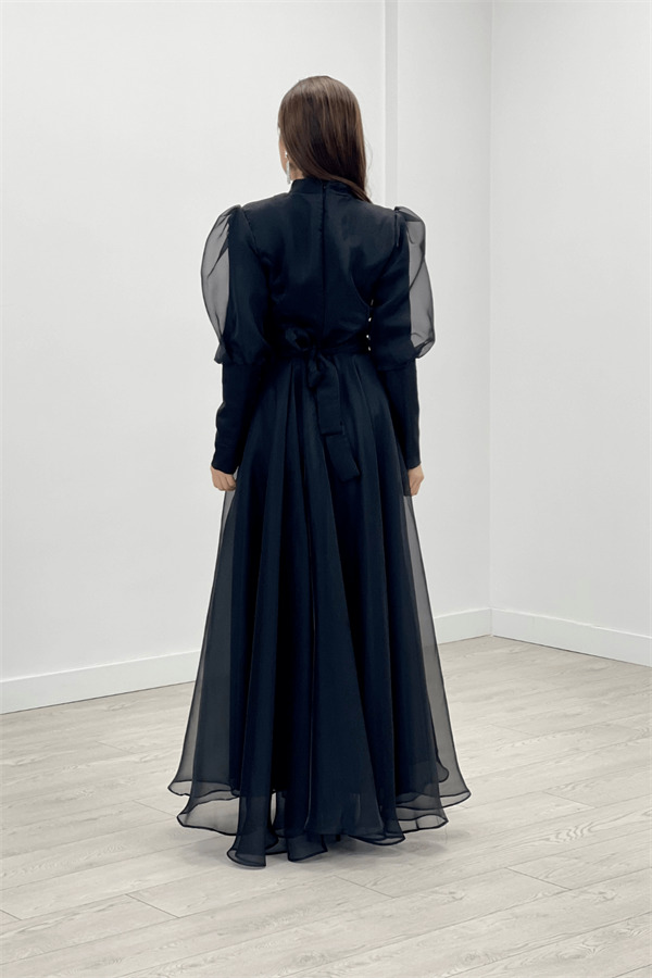 İthal Organze Krep Kumaş Abiye Elbise - SİYAH - 5