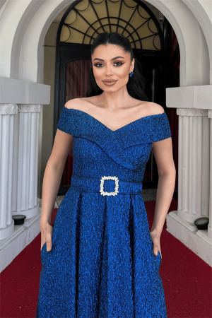 Jakar Kumaş Kayık Kaya Prenses Elbise - SAKS MAVİSİ - 3