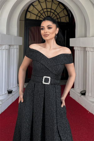 Jakar Kumaş Kayık Kaya Prenses Elbise - SİYAH - 4