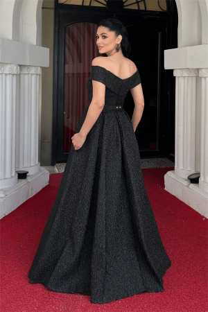 Jakar Kumaş Kayık Kaya Prenses Elbise - SİYAH - 5