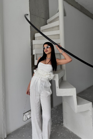 JAKARLI BLUZU TASARIM DETAYLI CEKET-PANTOLON-BLUZ 3 LÜ TAKIM - Beyaz - 4
