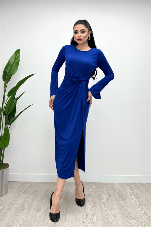 Jarse Kumaş Büzgü Detaylı Elbise - SAKS MAVİ - 4