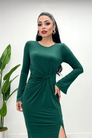 Jarse Kumaş Büzgü Detaylı Elbise - ZÜMRÜT YEŞİL - Angelino Moda