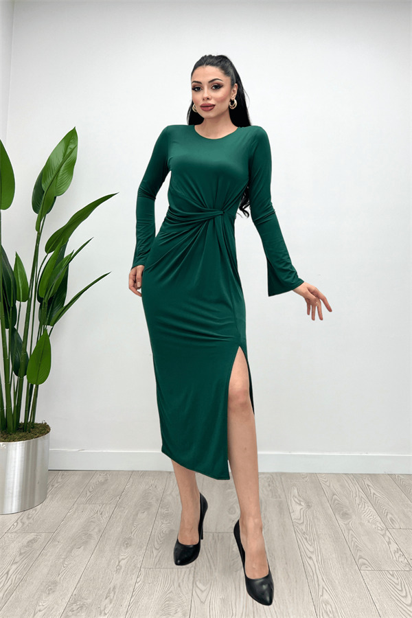 Jarse Kumaş Büzgü Detaylı Elbise - ZÜMRÜT YEŞİL - 2