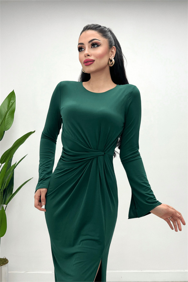 Jarse Kumaş Büzgü Detaylı Elbise - ZÜMRÜT YEŞİL - 3