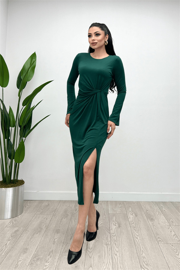 Jarse Kumaş Büzgü Detaylı Elbise - ZÜMRÜT YEŞİL - 4