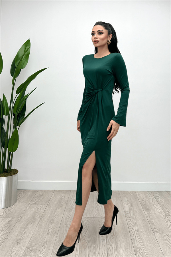 Jarse Kumaş Büzgü Detaylı Elbise - ZÜMRÜT YEŞİL - 5