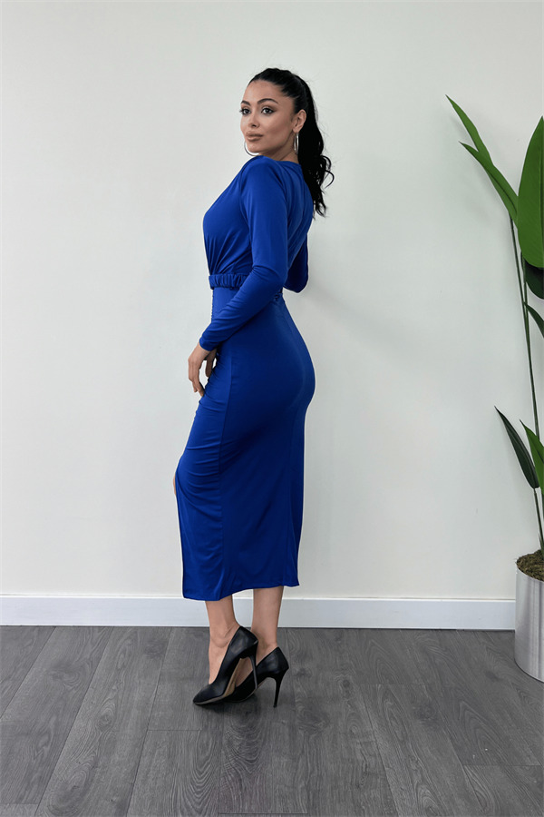 Jarse Kumaş Büzgü Detaylı Kalem Elbise - SAKS MAVİ - 5