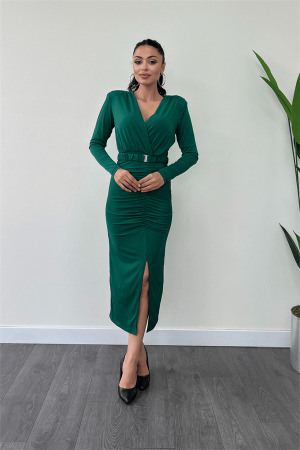 Jarse Kumaş Büzgü Detaylı Kalem Elbise - ZÜMRÜT YEŞİL - Angelino Moda (1)