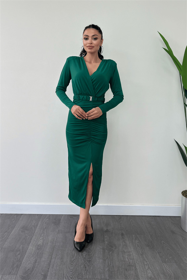 Jarse Kumaş Büzgü Detaylı Kalem Elbise - ZÜMRÜT YEŞİL - 2
