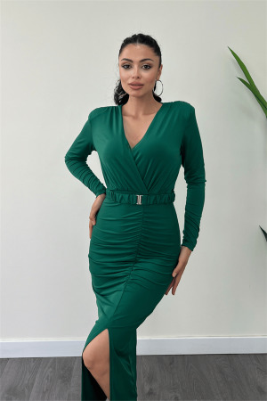 Jarse Kumaş Büzgü Detaylı Kalem Elbise - ZÜMRÜT YEŞİL - 3