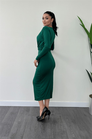 Jarse Kumaş Büzgü Detaylı Kalem Elbise - ZÜMRÜT YEŞİL - 5