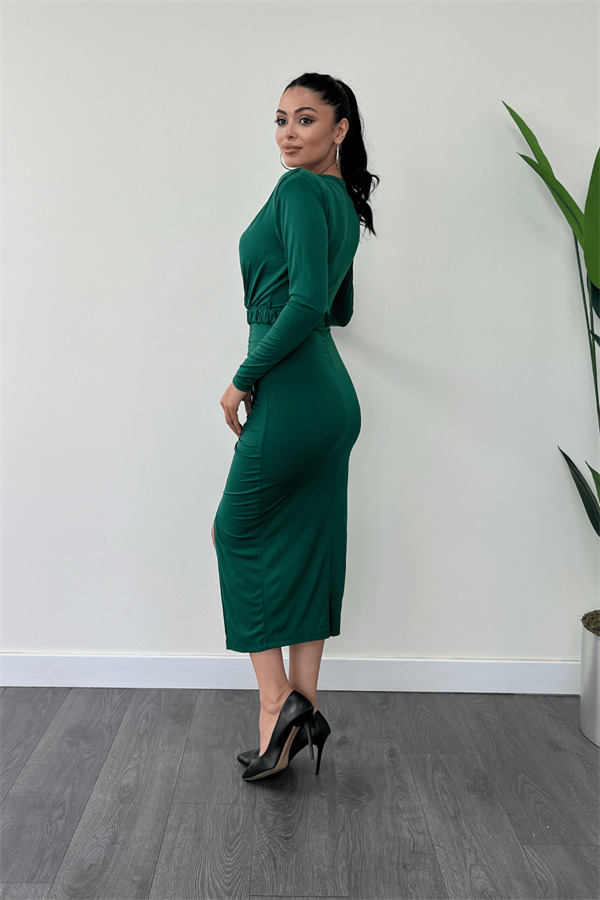 Jarse Kumaş Büzgü Detaylı Kalem Elbise - ZÜMRÜT YEŞİL - 5