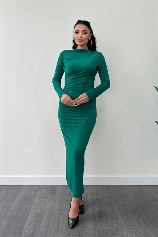 Jarse Kumaş Büzgülü Kalem Elbise - ZÜMRÜT YEŞİL - 1