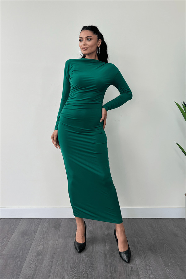 Jarse Kumaş Büzgülü Kalem Elbise - ZÜMRÜT YEŞİL - 2