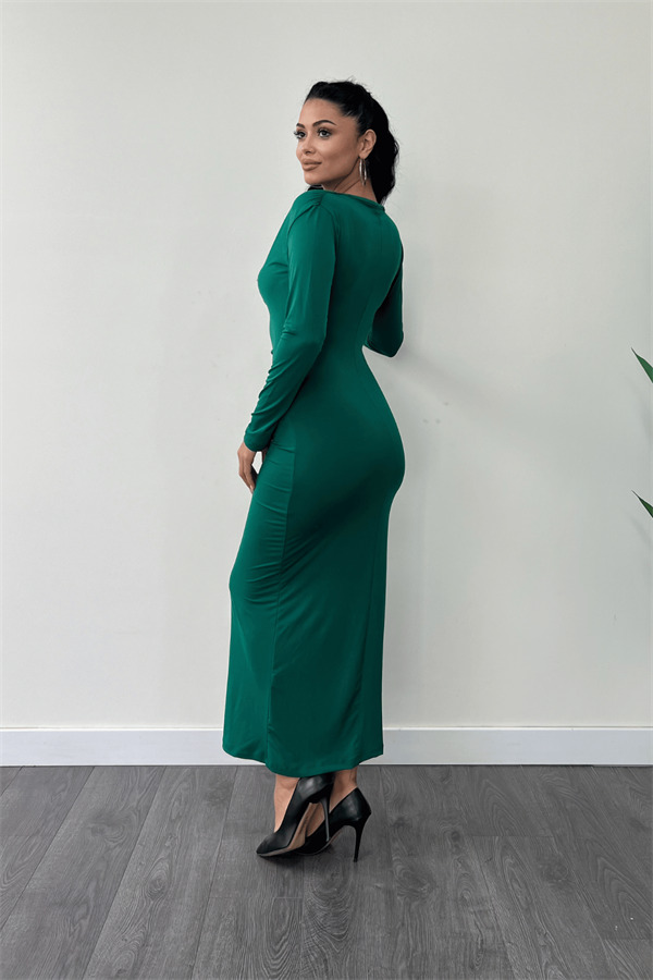 Jarse Kumaş Büzgülü Kalem Elbise - ZÜMRÜT YEŞİL - 5