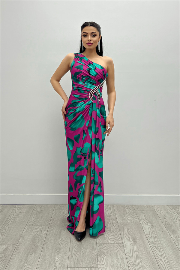 Jarse Kumaş Drapeli Taş Detaylı Balık Elbise - PEMBE - 1