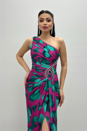 Jarse Kumaş Drapeli Taş Detaylı Balık Elbise - PEMBE - 3