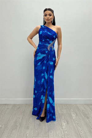 Jarse Kumaş Drapeli Taş Detaylı Balık Elbise - SAKS MAVİ - Angelino Moda