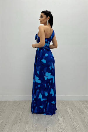 Jarse Kumaş Drapeli Taş Detaylı Balık Elbise - SAKS MAVİ - 5