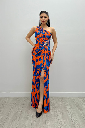 Jarse Kumaş Drapeli Taş Detaylı Balık Elbise - TURUNCU - Angelino Moda