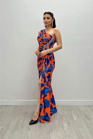 Jarse Kumaş Drapeli Taş Detaylı Balık Elbise - TURUNCU - Angelino Moda (1)