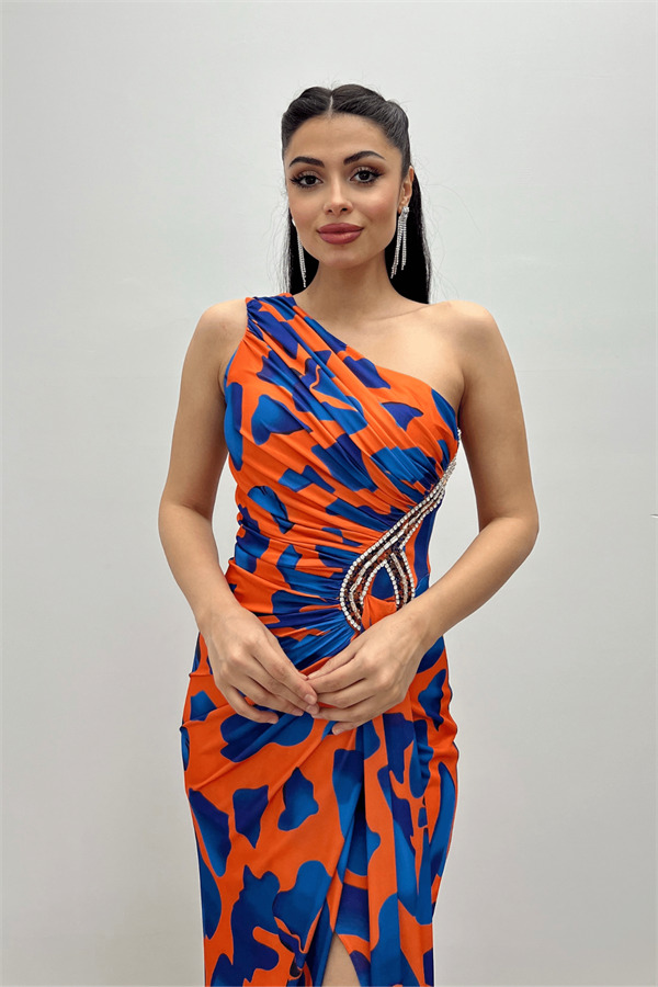 Jarse Kumaş Drapeli Taş Detaylı Balık Elbise - TURUNCU - 3