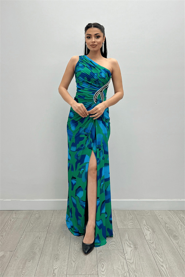 Jarse Kumaş Drapeli Taş Detaylı Balık Elbise - YEŞİL - 1