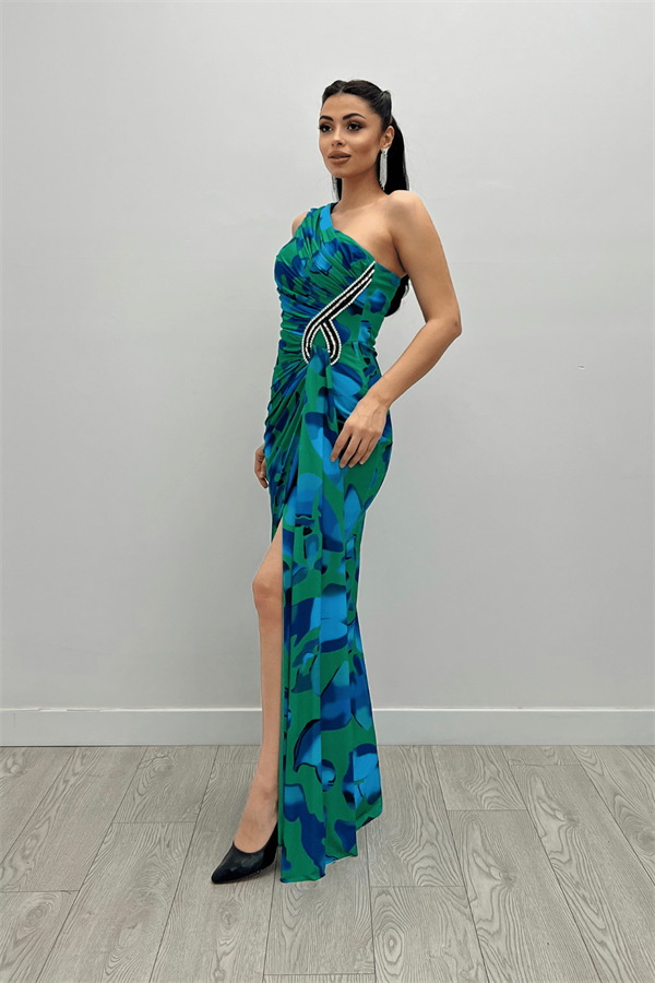 Jarse Kumaş Drapeli Taş Detaylı Balık Elbise - YEŞİL - 2