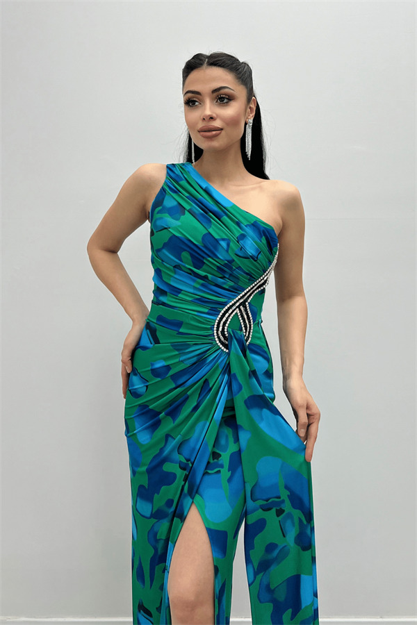 Jarse Kumaş Drapeli Taş Detaylı Balık Elbise - YEŞİL - 3