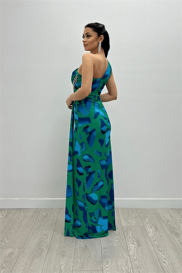 Jarse Kumaş Drapeli Taş Detaylı Balık Elbise - YEŞİL - 5