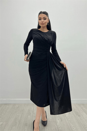 Jarse Kumaş Drapeli Taş Detaylı Elbise - SİYAH - Angelino Moda