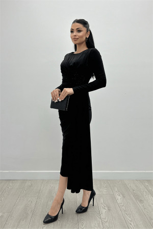 Jarse Kumaş Drapeli Taş Detaylı Elbise - SİYAH - Angelino Moda (1)