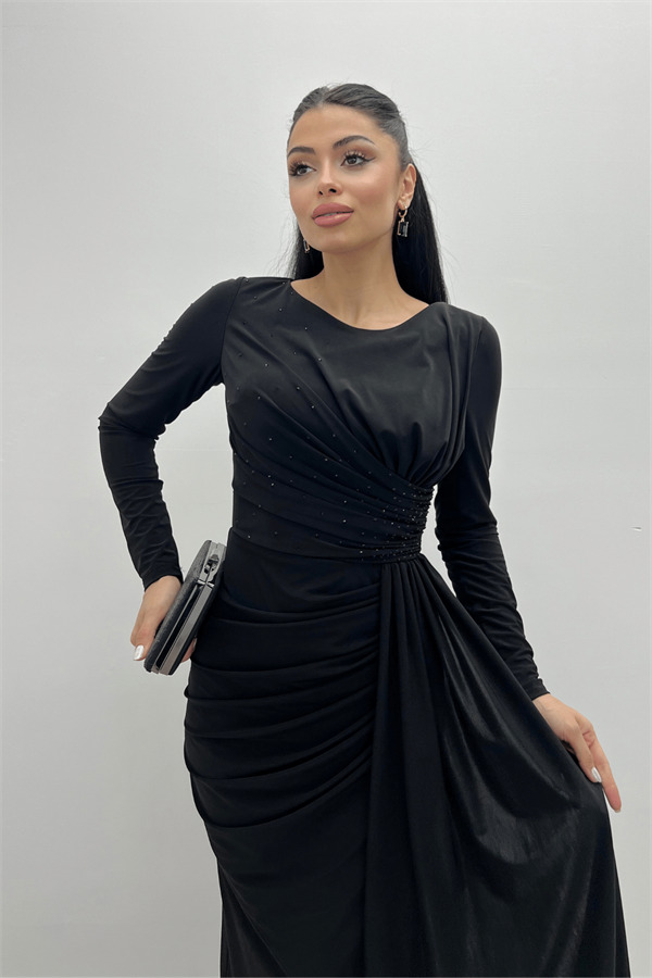 Jarse Kumaş Drapeli Taş Detaylı Elbise - SİYAH - 3